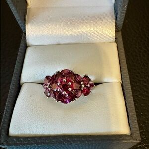 Mixed Shape Raspberry Rhodolite Rhodium over Sterling Silver. Sz 5.